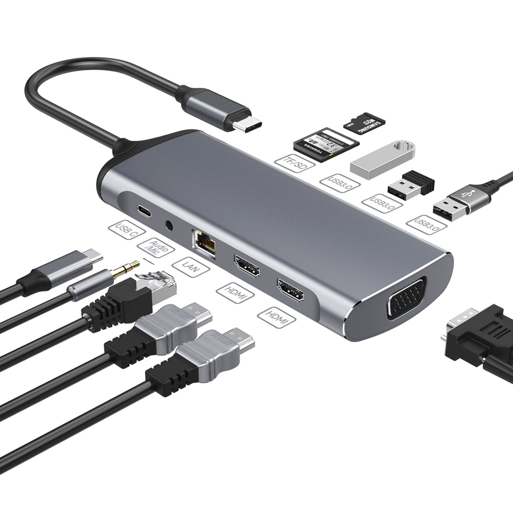 Aluminum 11in1 USB C Hub with 100W power delivery passthrough and